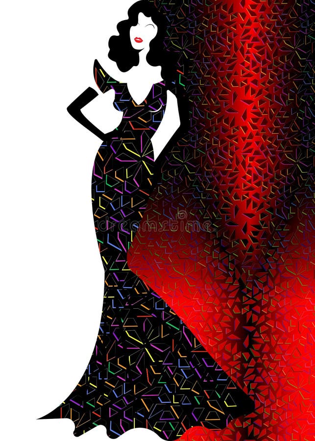 Shop logo fashion woman, brunette silhouette diva. Company logo design, Beautiful cover girl retro in black dress