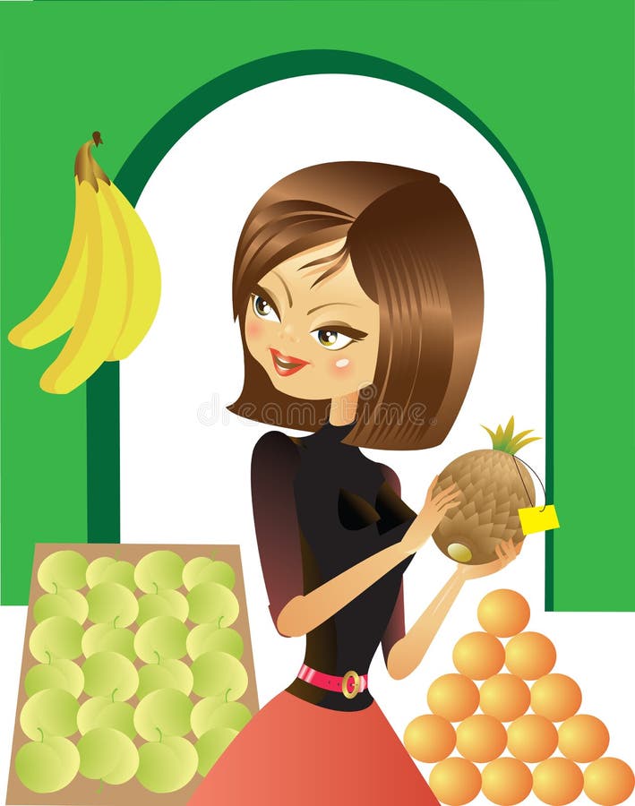 The young shop-girl holds pineapple in her hands. The young shop-girl holds pineapple in her hands