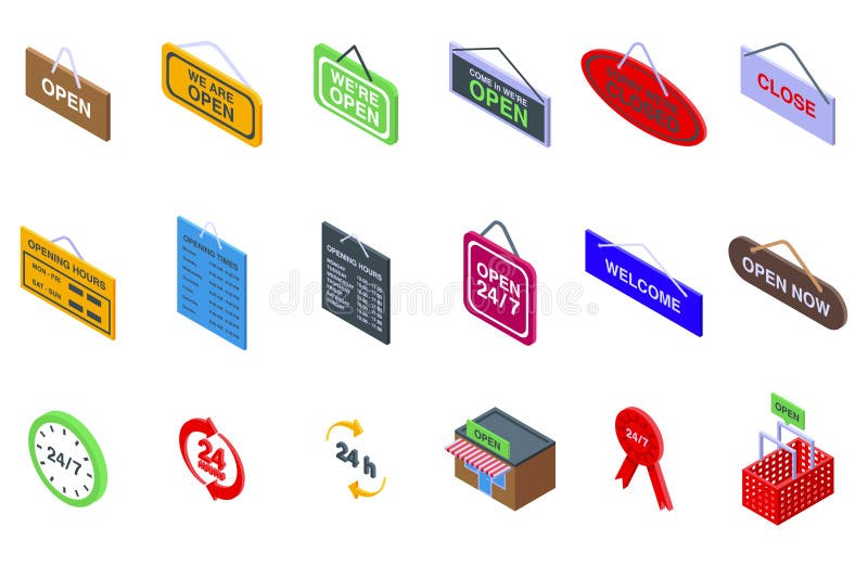 Shop Opening Hours Icons Set Isometric Vector. Store Time Stock Vector