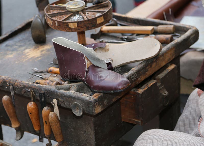 Shop of a Shoemaker Craftsman with a Leather Shoe Stock Image Image
