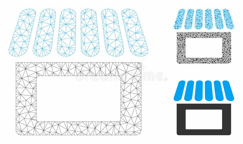 Shop Vector Mesh Wire Frame Model and Triangle Mosaic Icon. Mesh shop model with triangle mosaic icon. Wire frame triangular network of shop. Vector mosaic of triangle elements in various sizes, and color tints. Abstract 2d mesh shop