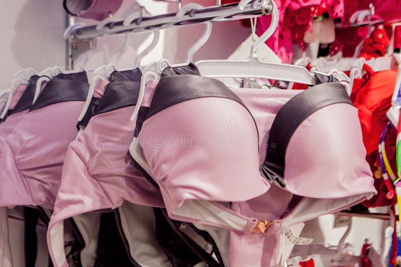 Woman`s underwear. Lingerie on rack. Retail shop, store Stock