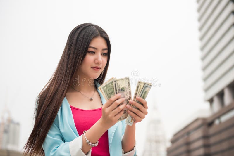 Shopaholic Girl Count Money for Shopping. Stock Image - Image of ...