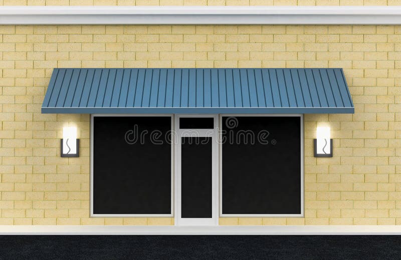 Shopfront. Building exterior shopwindow with hanger awning and windows empty for your product presentation, paste your shop, boutique, commercial. Shopfront. Building exterior shopwindow with hanger awning and windows empty for your product presentation, paste your shop, boutique, commercial.