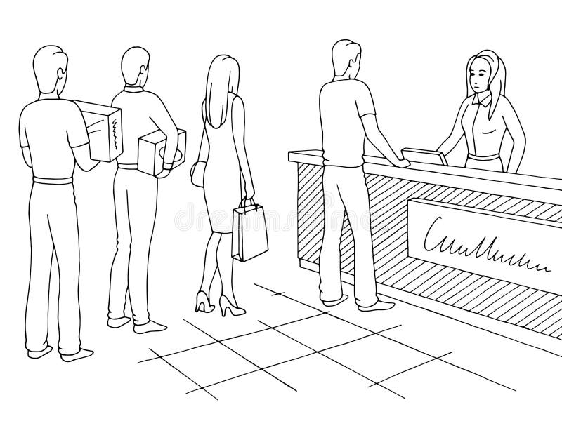 Shoppa diagrammet som svart vit skissar illustrationvektorn Folk som väntar i linjen kö vektor illustrationer Shoppa diagrammet som svart vit skissar illustrationvektorn Folk som väntar i linjen kö vektor illustrationer
