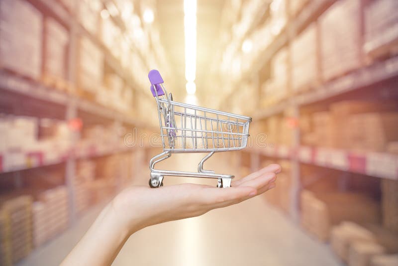 Shoppa och lagra ledningbegreppet: Räcka shoppingvagnen arkivfoton Shoppa och lagra ledningbegreppet: Räcka shoppingvagnen arkivfoton