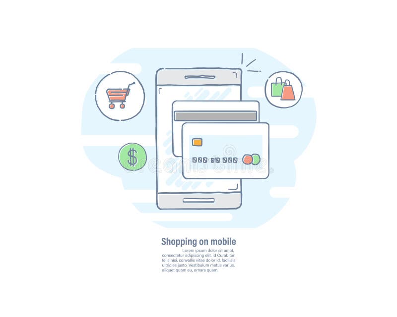 Shoppa på mobilt begrepp Smartphone med kreditkorten Online-betalning Dragen linje lägenhetdesign för vektorillustration hand stock illustrationer Shoppa på mobilt begrepp Smartphone med kreditkorten Online-betalning Dragen linje lägenhetdesign för vektorillustration hand stock illustrationer
