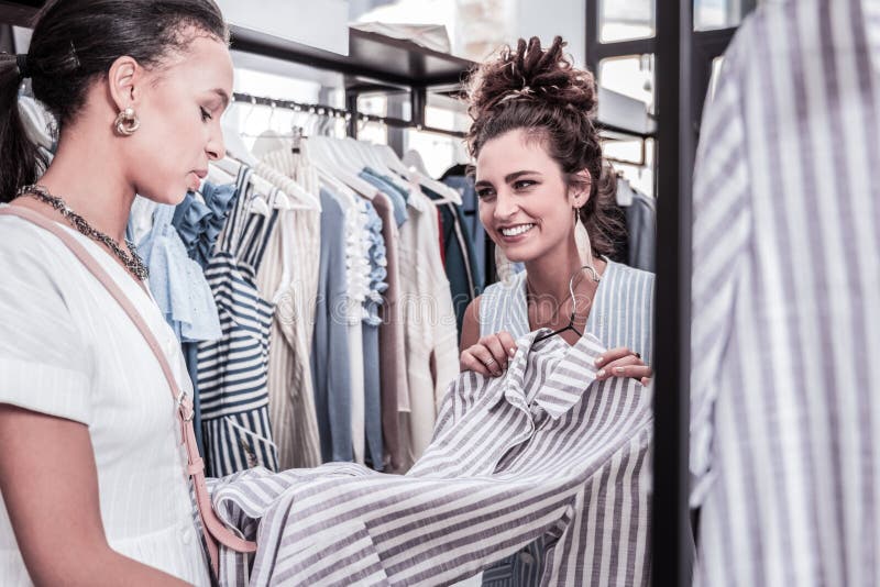 Pleasant Shopping Assistant Recommending Nice Dress Her Constant ...