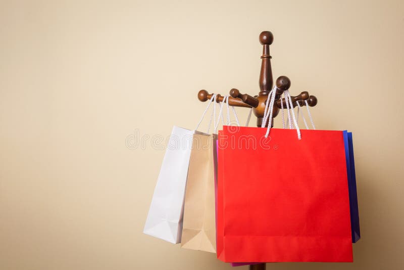 Shopping Bag Hanging on Wooden Hanger Stock Image Image of color