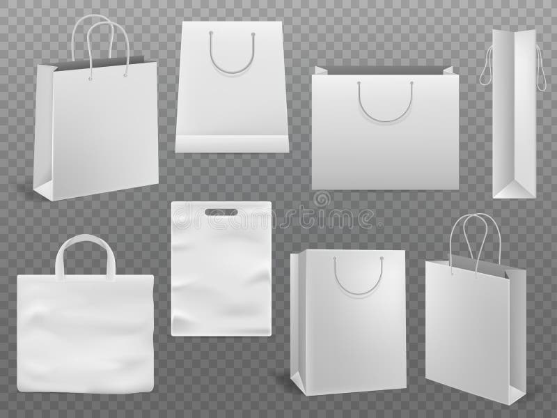 Shopping bag mockups. Empty handbag white paper fashion bag with handle vector 3d isolated template