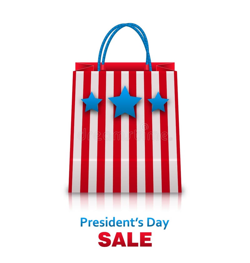 Shopping Bag in USA Patriotic Colors for Presidents Day Sale. Packet Isolated on White Background