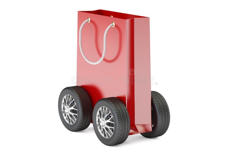 Shopping Bag with Wheels Closeup, Delivery Concept. 3D Rendering Stock