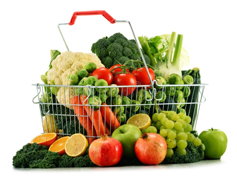 Shopping Basket with Assorted Raw Organic Vegetables Over White Stock