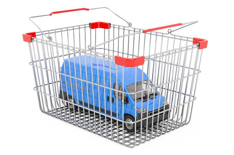 Shopping Basket with Delivery Van. 3D Rendering Stock Illustration