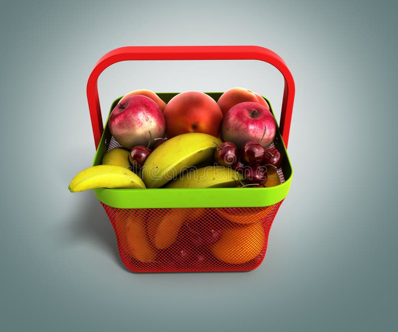 Shopping Basket Full of Fresh Fruit 3d Illustration on Grey Grad Stock Illustration
