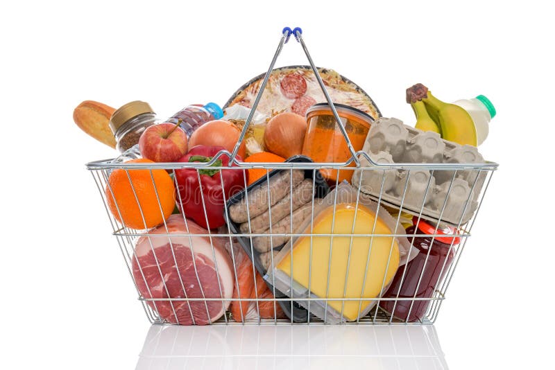 Shopping basket full of groceries isolated