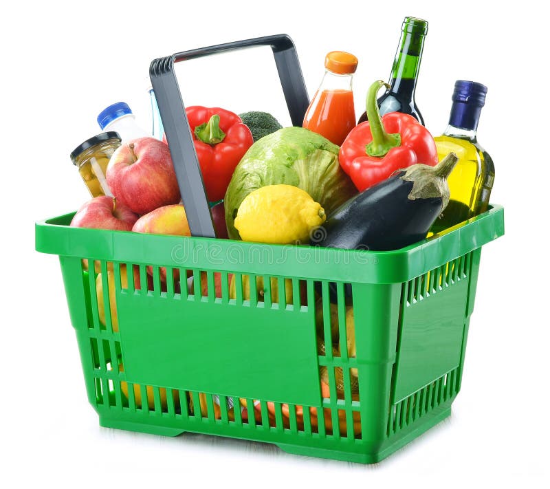 Shopping basket with grocery isolated on white