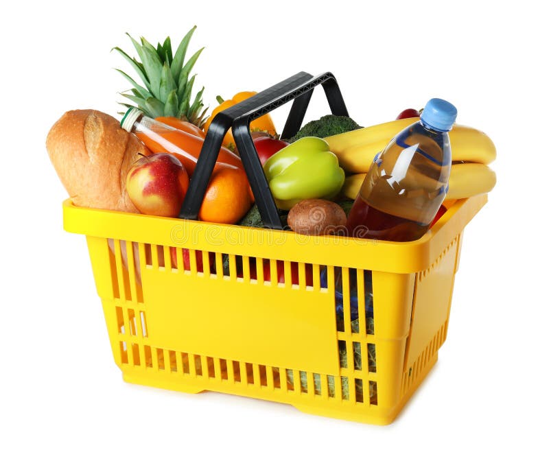 Shopping Basket with Grocery Products on Background Stock Photo Image