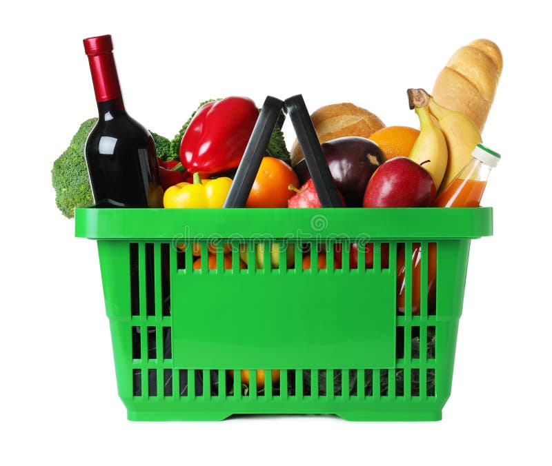 Shopping market basket with variety of grocery products isolate Stock Photo  by ©maxxyustas 153930994