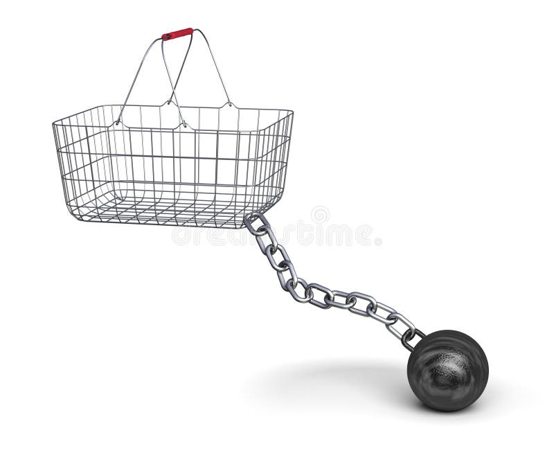 Shopping basket and steel ball on a chain