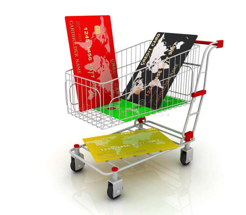 Credit card in shopping cart. 3D render. Shopping cart credit card illustrations