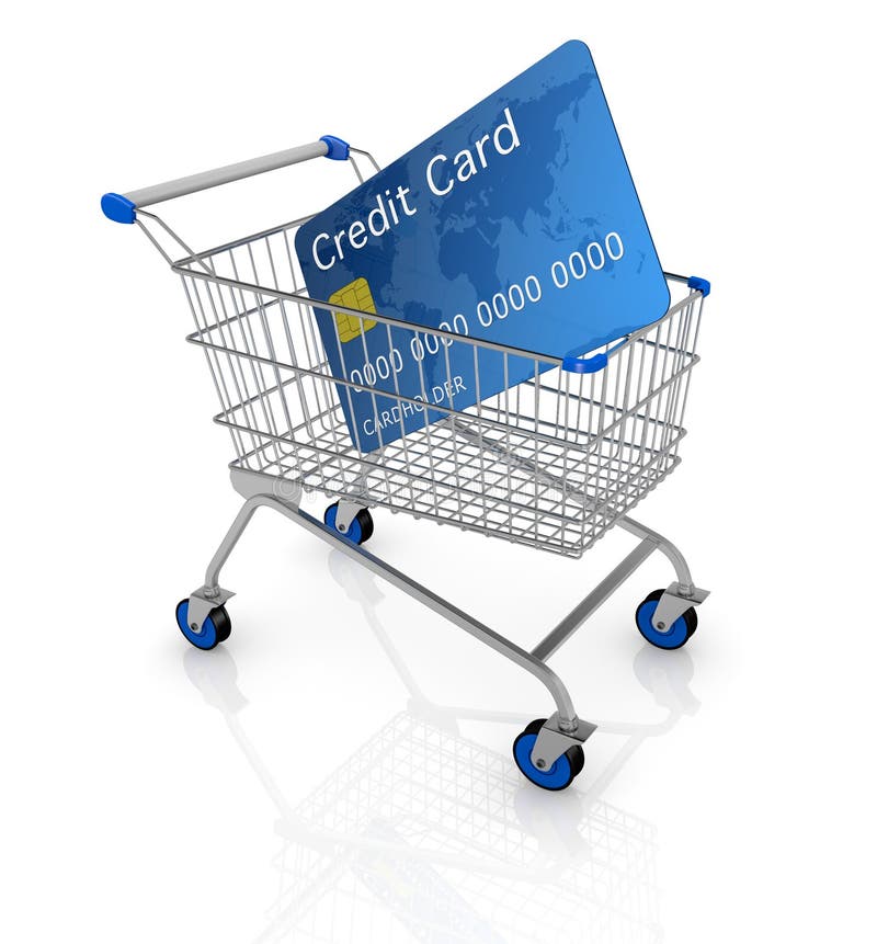 One empty shopping cart with a credit card (3d render). Shopping cart credit card illustrations