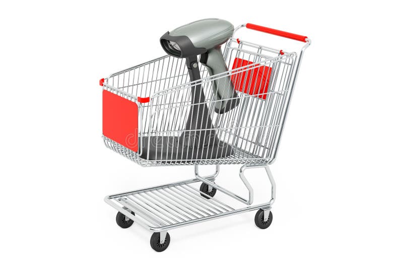 Shopping cart with barcode reader, scanner. 3D rendering stock illustration