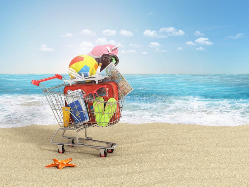 Shopping cart with beach accessories on the beach line. Summer shopping. Sunbed, sunglasses, world map, beach shoes, sunscreen, ai