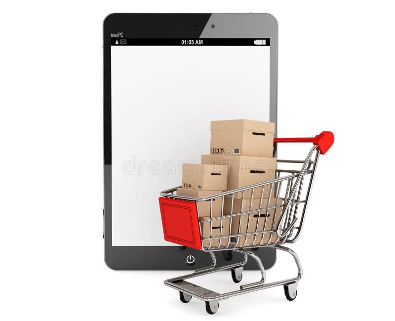 Shopping Cart with Boxes near Tablet PC royalty free illustration