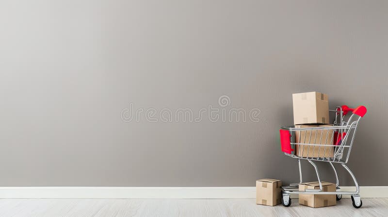 A shopping cart with boxes on it stands next to a stack of cardboard boxes against a gray background, conceptually depicting an online store selling goods AI generated