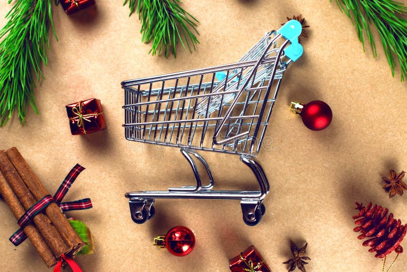 Shopping Cart with Christmas Decorations Gifts and Christmas Tree