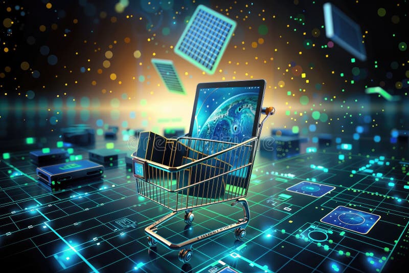 Shopping cart on digital background with circuit board. 3D rendering, generative ai vector illustration