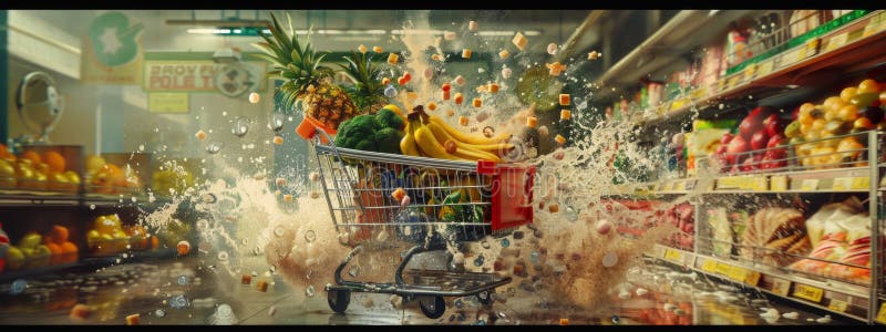 Shopping cart filled with fresh produce in a dynamic grocery store scene. A shopping cart overflowing with fresh produce in a dynamic, action-packed grocery store scene with splashes and flying elements. The image is energetic and lively, perfect for illustrating vibrant shopping experiences. AI generated