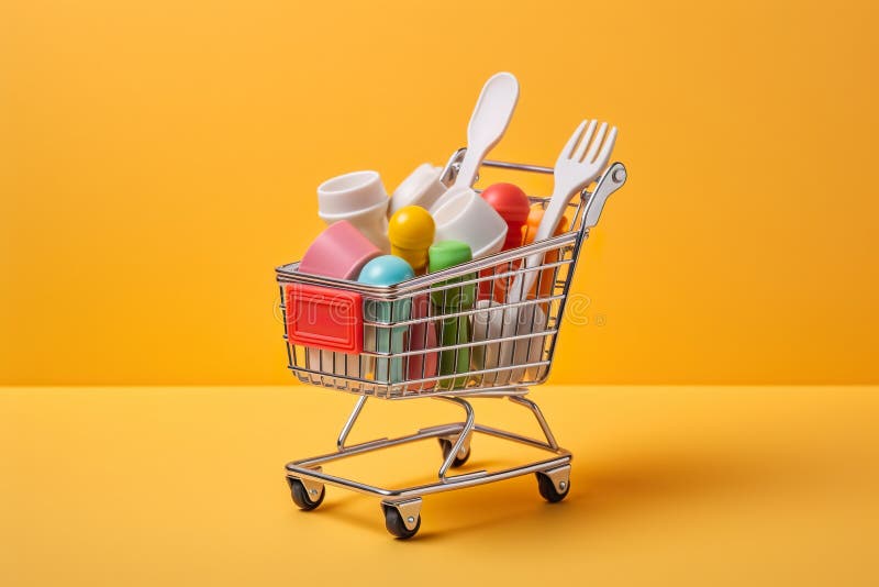 A Shopping Cart Filled with Plastic Utensils. Generative AI Image. Ban