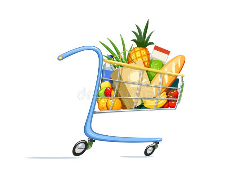 Shopping cart with foodstuff.