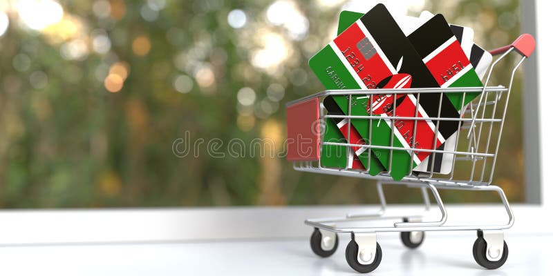 Shopping cart full of credit cards mockups with flags of Kenya. 3D rendering stock illustration