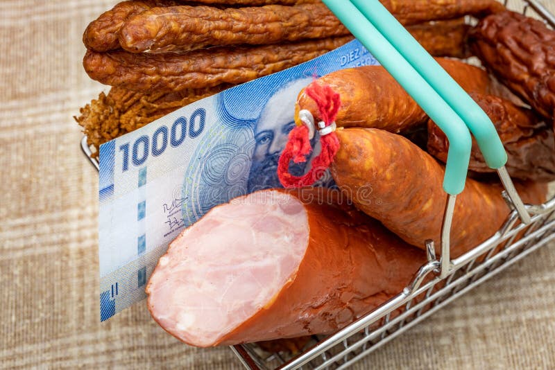 A miniature shopping cart full of various types of cold cuts and Chilean money, Concept, Rising prices of meat products in Chile