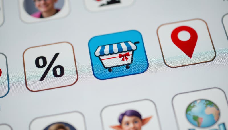 Shopping cart icon discount symbol location pin ecommerce app online store digital shopping user interface mobile app closeup stock illustration