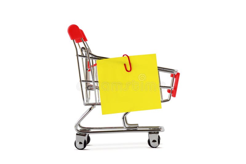 Shopping cart with paper note on white background stock photography