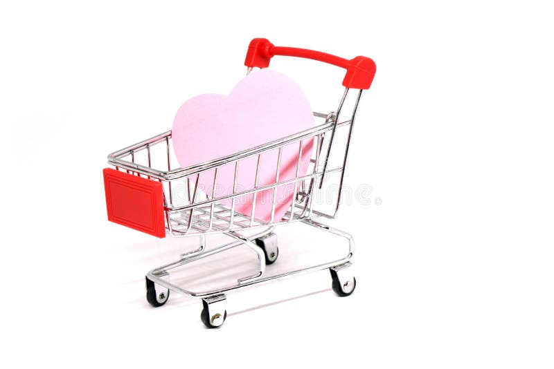 Shopping Cart and Pink heart on white background - Shopping stores to buy Love Heart concept - Valentine Day. Shopping Cart and Pink heart on white background - Shopping stores to buy Love Heart concept - Valentine Day