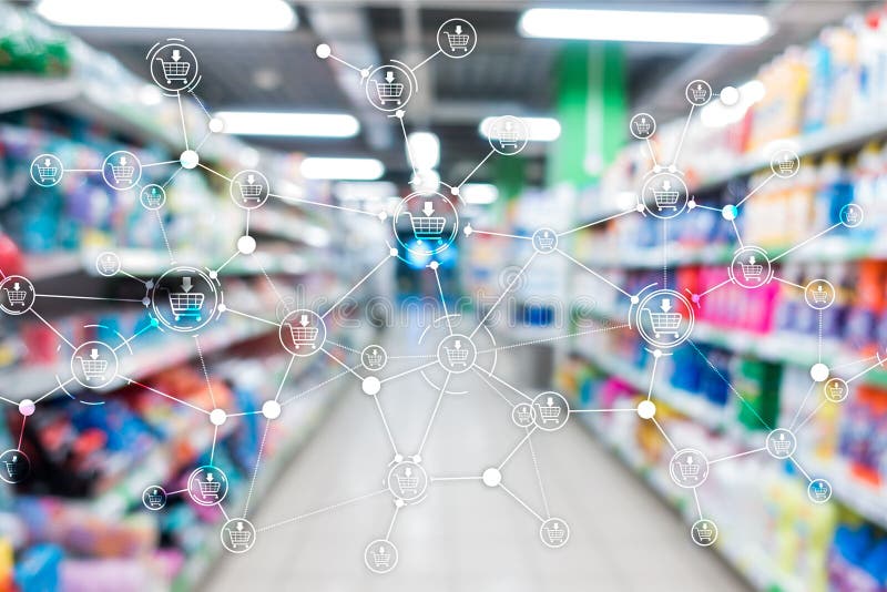 Shopping cart structure Retail marketing E-commerce blurred supermarket background.