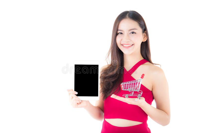shopping cart and tablet holding on hand asian woman isolated stock images shopping cart and tablet holding on hand asian woman isolated stock images