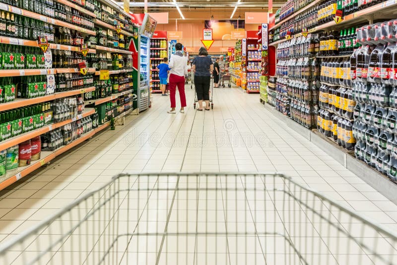 Shopping Cart View on Supermarket Aisle Editorial Stock Image - Image ...