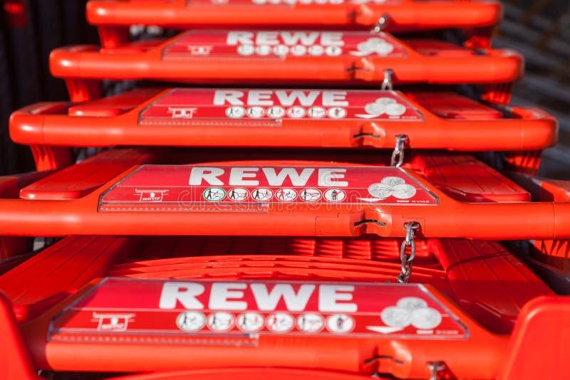 Shopping Carts of the German Supermarket Chain, REWE Editorial Stock