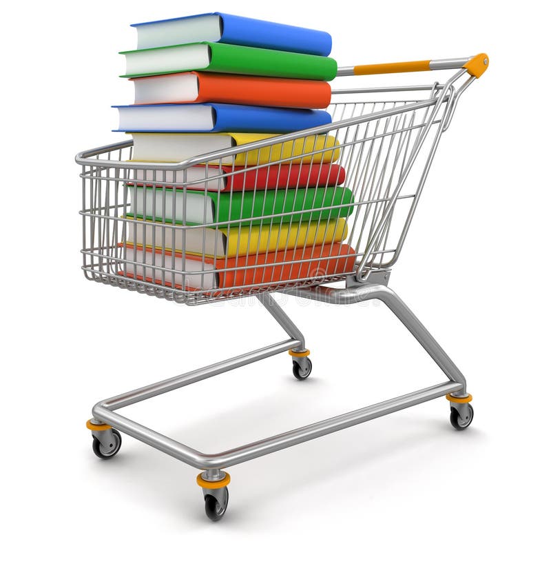 Shopping Carts and Stack of Books (clipping path included) stock illustration