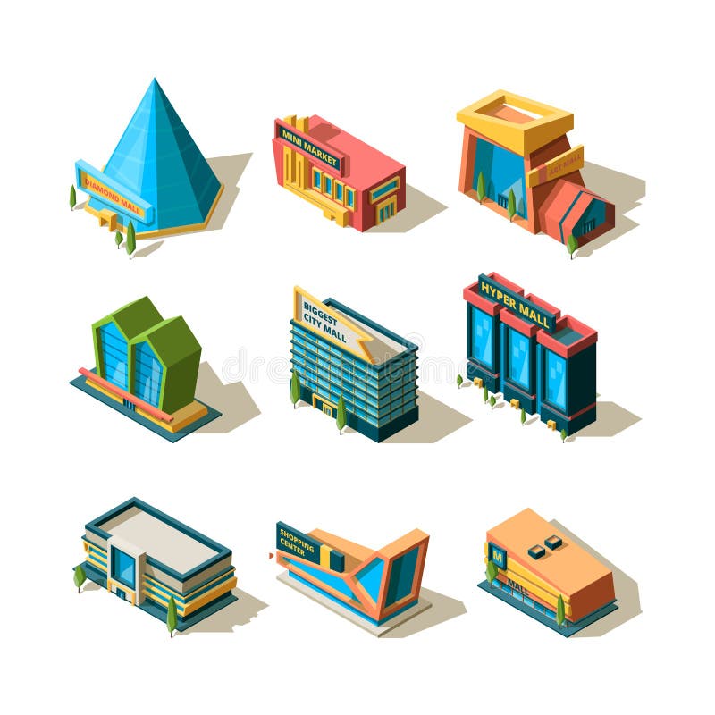 Shopping center. Mall retail commercial complexes architectural modern building store isometric vector stock illustration Shopping center. Mall retail commercial complexes architectural modern building store isometric vector stock illustration