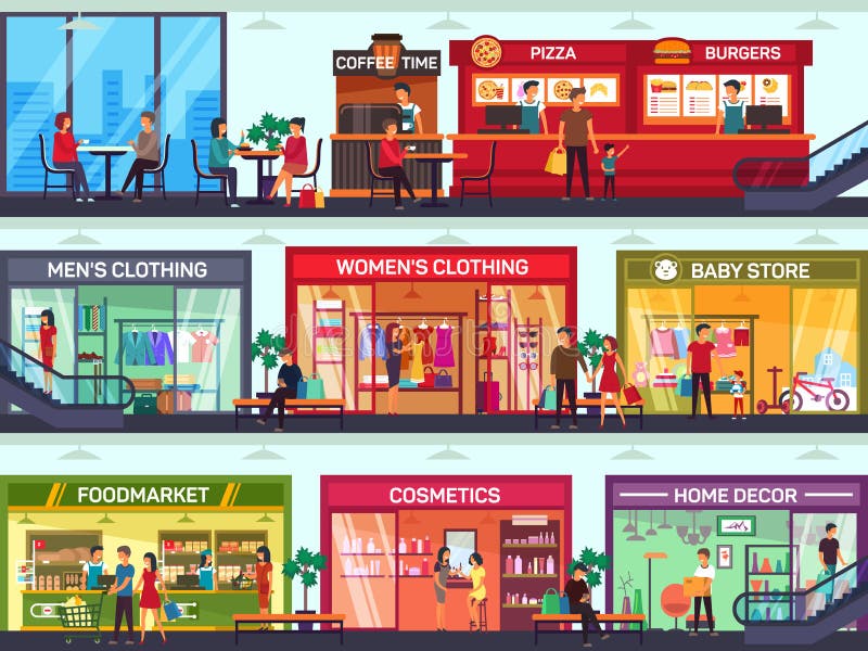 Shopping In A Mall Cartoon Illustration. People In Centre Vector. Food