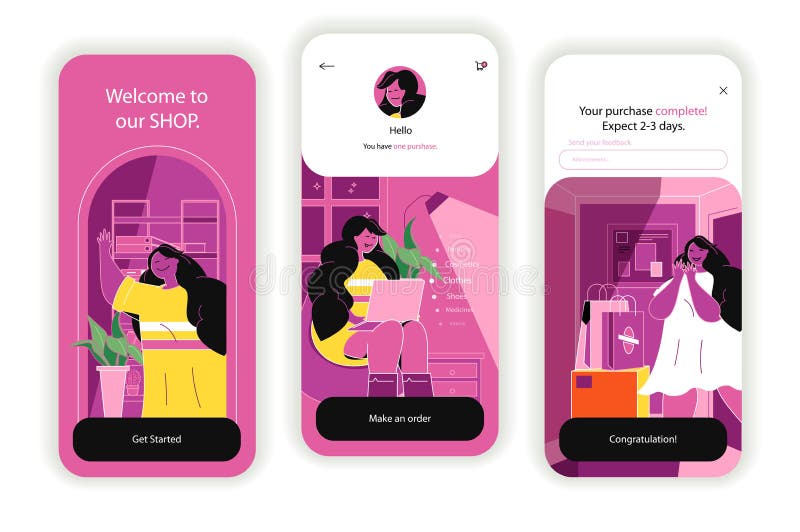 Shopping concept onboarding screens. UI, UX, GUI user interface kit stock illustration