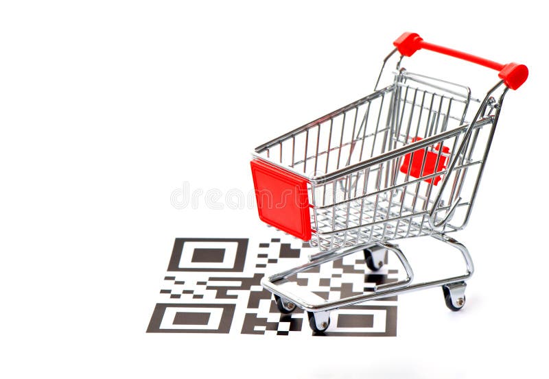 Shopping concept with QR code and cart. Shopping concept with sample QR code and cart on white background. not working QR codes