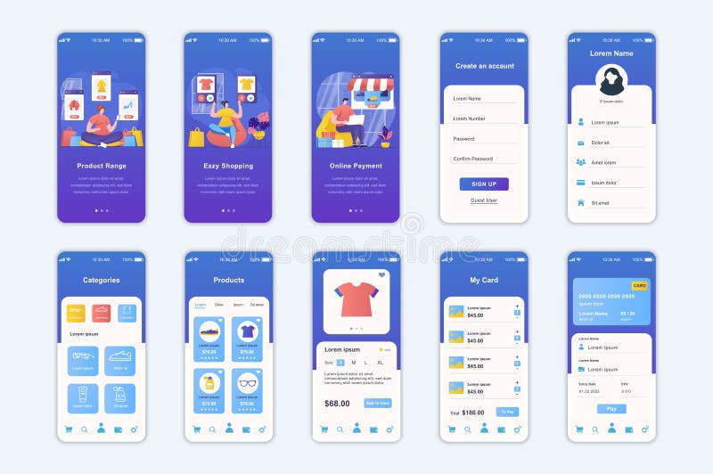 Shopping concept screens set for mobile app template. royalty free illustration